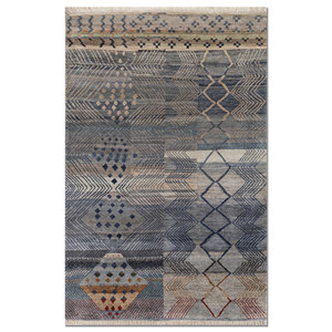 Alfombra de Seda Anudada a Mano Manchaha LUV-623 Azul con Patrón Geométrico Tabriz para el Hogar, Entrada, Sala de Estar, Pasillo, Rectangular, Hecha a Mano - Product Image 1