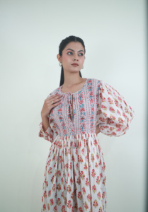 Meilleure broderie florale faite à la main modeste longue robe maxi caftan impression de blocs de coton coupe ample jusqu'à 54 pouces pour l'été quotidien - Product Image 3