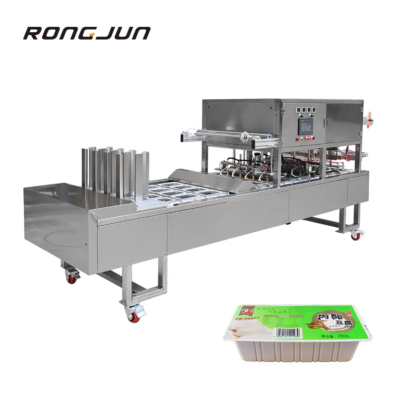 RJ benchtop auto conveyor disposable lunch rice noodles tray heat sealing machine