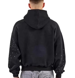 Custom Pullover Hoodie Men Streetwear Screen Printing Logo Vintage <b>Acid</b> Wash Oversized <b>Drop</b> Shoulder Rhinestone Hoodie - Product Image 4