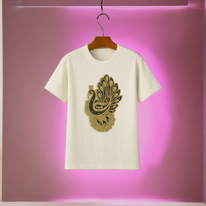 La mejor calidad Hand Stich Pea Cock Style T shirt Usos para niñas y mujeres Pure White Fashion Forward Bordado Shirt Gold Sequin - Product Image 1