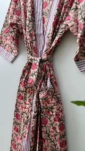 Indian Block Print Floral Cotton Kimono Robe Lightweight Bath Robe - Product Image 2