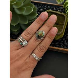 Navajo Handmade <b>Boho</b> Marquise <b>Ring</b> Black Jack Turquoise & Sterling <b>Silver</b> Set Fine Jewelry for Everyday Wear Size 6.5 - Product Image 2