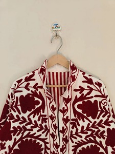 Veste à col mandarin brodée de fleurs, manches trois quarts, style bohème, vêtement d'extérieur en coton pour adultes, tenue de printemps - Product Image 2
