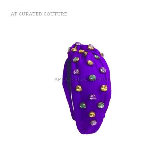 Handmade Unique Mardi Gras Purple Green Yellow Beaded Embroidered Pearl Headband for Women and Girls Colorful Design