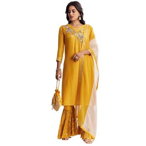 Abito da donna tradizionale indiano matrimonio e festa giallo Gotta Kurta Sharara abito in seta russa - Product Image 1