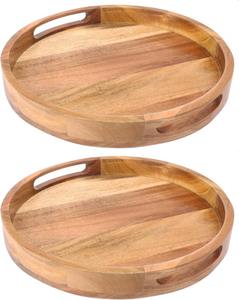 Plateau rond en bois d'acacia le plus vendu avec poignées, élégant plateau en bois d'acacia pour plateau de service décoratif, plateaux de rangement - Product Image 2