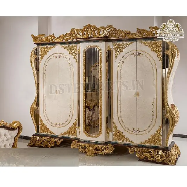 Italian Baroque Design Bedroom Furniture Wardrobe Classic Gold Leaf Carved 4 Door Wardrobe Majestic Master Wardrobe Luxury Villa