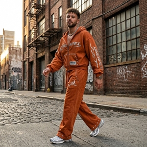 Ensemble de survêtement homme avec sweat à capuche zippé et pantalon de jogging, motif strass orange, style streetwear, deux pièces, vente en gros OEM - Product Image 5