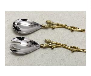 Ensemble de serveurs à salade en acier inoxydable avec poignée en laiton Design unique de feuille de branche Outils de cuisine Mains à salade pour la maison Hôtel Vaisselle Décor - Product Image 1