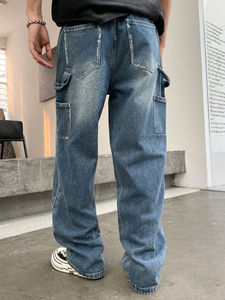 Jean large tube droit décontracté grande taille pour hommes, nouveau denim lavé à l'eau avec poches inclinées et graphiques irréguliers - Product Image 5