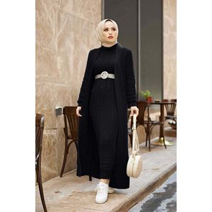 Autumn Casual <b>Knitted</b> Wool Cardigan <b>Set</b> Ruffled Collar Crocheted Weaving Printed Pattern Pleated Decoration Formal Style Black - Product Image 1