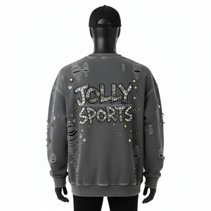 High Quality 380 GSM Men <b>Sweatshirt</b> <b>Vintage</b> Washed Cotton Fleece With Rhinestone Embellished Custom Logo Basics <b>Sweatshirt</b> - Product Image 2