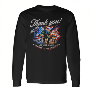 Maglietta a Maniche Lunghe con Bandiera Patriottica USA, Espressione di Apprezzamento Militare, Ringraziamento per Uso Promozionale - Product Image 3