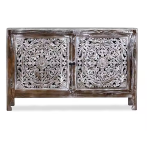 Aparador tradicional de madera maciza hecho a mano, detalles tallados, altura ajustable multiusos para sala de estar - Product Image 1