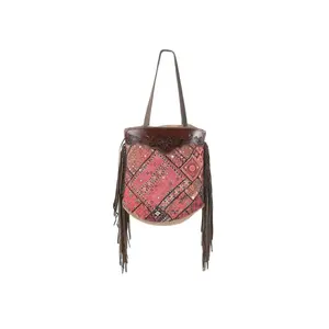 Premium Quality Hand tooled Leather Tote Handbag With Handblocked Rug and Leather Fringes Top Indian Manufacturer & Supplier