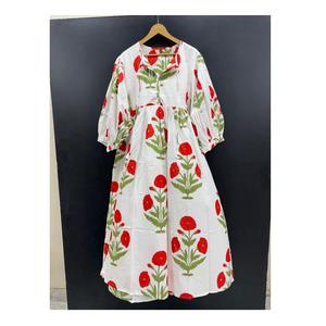 Robe midi élégante en coton imprimé floral, taille naturelle, col en V, écologique, avec des franges, pour femmes, décontractée, sorties estivales, brunchs - Product Image 1