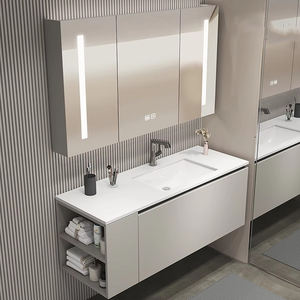 Современный водостойкий шкафчик для ванной комнаты с LED-зеркалом и бесшовной интегрированной раковиной, высококачественный, роскошный дизайн - Product Image 3