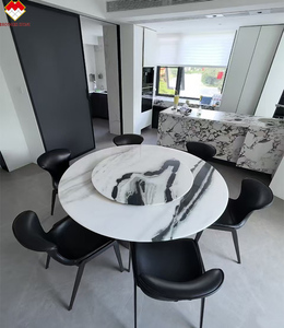Juego de Mesa de Comedor Personalizado con Cubierta de Mármol Blanco Panda, Diseño de 6 Sillas, Mesa de Comedor Redonda de Mármol Blanco con Vetas Negras de Lujo - Product Image 1