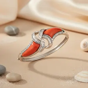Brazalete de Plata con Coral y Diamantes para Mujer, Joyería de Lujo - Product Image 2