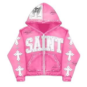 Sweat à capuche unisexe personnalisé par le fabricant, 100% coton épais 350g, imprimé automne, avec poche zippée, délavé à l'acide, effet vieilli, coupe oversize - Product Image 1