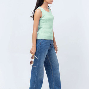 Camiseta sin mangas acanalada transpirable de verano de alta calidad para mujer, ropa de entrenamiento con cuello redondo en tallas grandes, Color sólido para Fitness - Product Image 3