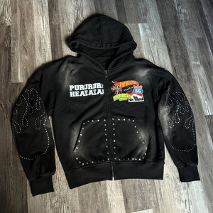 Premium Haute Qualité Hommes Acide Lavé Surdimensionné Hoodies Pierre Lavé Strass Vintage Streetwear Zipper Hoodies OEM Service - Product Image 4