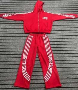 Chándal de gran tamaño con bordado personalizado, ropa de calle, sudadera con capucha y pantalones de chándal con cremallera a rayas desteñidas por el sol, conjunto de chándal de gran tamaño para hombre - Product Image 2