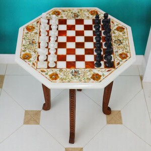 Tablero de Ajedrez de piedra pulida de mármol blanco de 12 pulgadas con incrustaciones finas de cornalina octogonal PCS 2 Set Artesanía de piedra Premium - Product Image 1