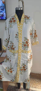 Women Pink Striped Floral Print Cotton Corduroy Long <b>Dress</b> | Full Sleeve V-Neck Button Party Regular Length Washable - Product Image 2