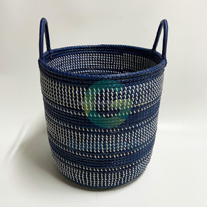 Dyed Navy White Woven Seagrass <b>Storage</b> Basket Set | Detachable Design Laundry <b>Hampers</b> - Product Image 2