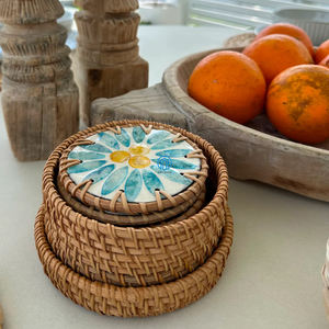 Posavasos de nácar vintage de buena calidad, juego de posavasos de ratán con incrustaciones de nácar de alta calidad hechos a mano - Product Image 4