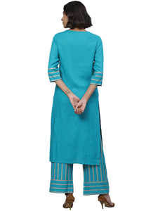 Ensemble Kurta et Palazzo pour femmes, formel, en coton à séchage rapide, uni, coupe droite, longueur cheville, pour l'été, en turquoise et or - Product Image 3