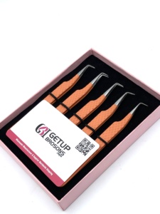 Pince à épiler professionnelle pour extensions de cils en acier inoxydable, finition mate orange, pointe argentée à 90 degrés, antistatique - Product Image 6