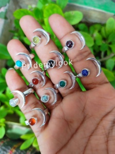 Most Trending Wholesale Vintage Crescent <b>Moon</b> Natural Mix Gemstone <b>Rings</b> Sterling Silver Plated Waterproof Brass Jewelry - Product Image 4