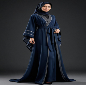 Abaya bleu poussiéreux sereine avec broderie florale noire sur le corsage et l'ourlet, accompagnée d'un hijab assorti. - Product Image 4