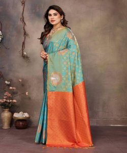 ATTRACTIVE BANARASI SOIE CUIVRE ZARI TRAVAIL SAREE AVEC BLOUSE NON COUCHÉE VÊTEMENT DE FÊTE PRIX DE GROS VÊTEMENT ETHNIQUE - Product Image 3