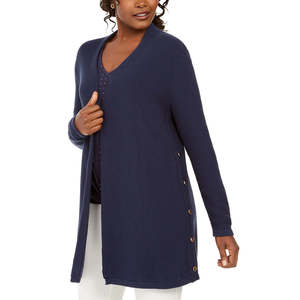 Cardigan in cotone extra large da donna JM Collection, aperto sul davanti con bottoni laterali, blu - Product Image 1