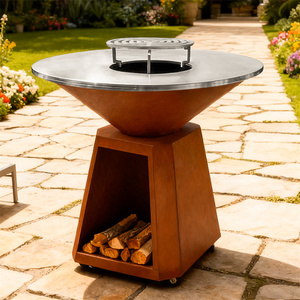 Barbecue d'extérieur en acier Corten résistant aux intempéries avec plaque de cuisson et foyer à bois à base carrée et rangement pour bois de chauffage - Product Image 3
