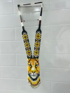 Handcrafted Beaded <b>Necklace</b> Featuring Majestic Lion Face Design with Intricate Patterns in Yellow Black White and <b>Blue</b> Beads - Product Image 4