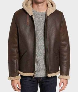 Veste en cuir de mouton à capuche marron foncé Dowell pour hommes B6 - Product Image 1