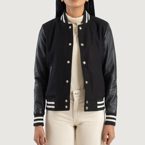 Chaqueta Universitaria para Mujer con Logotipo Personalizado al por Mayor, Chaqueta Universitaria de Béisbol de Manga Larga de Tela de Punto para Mujer en Venta - Product Image 1