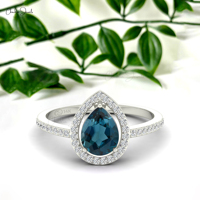 Fabricants asiatiques, bague halo en diamant certifiée IGI de 1 mm avec topaze bleue de Londres en forme de larme de 8 x 6 mm en or massif 14 carats, bijoux de mariage