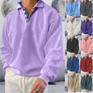 Sweats d'automne et d'hiver pour hommes revers de couleur unie lâche à manches longues en polyester tricoté - Product Image 2