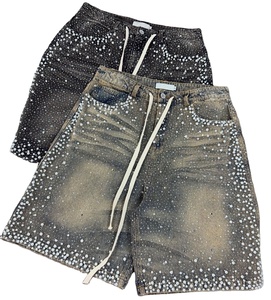Denim Streetwear Custom Acid Wash 100% Cotton Casual Mid Waist <b>Drawstring</b> Closure Rhinestone <b>Men</b> <b>Jeans</b> Shorts - Product Image 1
