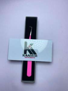 Pince à épiler pour extensions de cils en acier inoxydable à pointe fine, revêtement en poudre rose, 90 degrés, prix d'usine, avec boîte chez Kaamir Instruments - Product Image 4