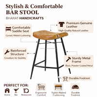 Tabouret de comptoir vintage durable et portable avec assise en cuir véritable et structure en fer pour cuisine, bar, café, appartement, entrée, chambre