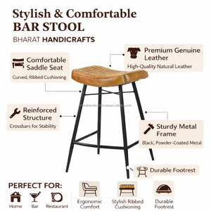 Taburete de Barra Portátil y Resistente de Estilo Vintage con Asiento de Cuero Genuino y Hierro para Cocina, Bar, Cafetería, Apartamento - Product Image 2