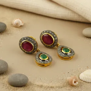 Boucles d'oreilles pendantes en or plaqué or pour femmes avec rubis et émeraude, perle de quartz et diamant pour mariages, fêtes et cadeaux - Product Image 1