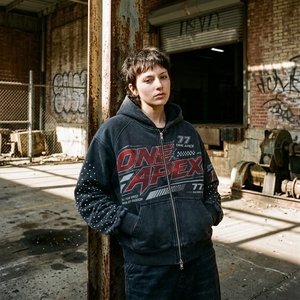 Black Racing <b>Zip</b> <b>Up</b> <b>Hoodie</b> Men Oversized Streetwear <b>Graphic</b> Fleece Sweatshirt Rhinestone Sleeve Custom Casual Fashion - Product Image 3
